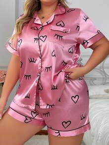 Women's Plus Size Heart Eyelash Pattern Printed Imitation Silk Pajama Set - Hot Pink - View 4