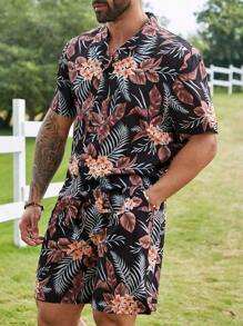 Manfinity RSRT 2pcs/Set Plus Size Men's Floral Printed Short Sleeve Shirt And Shorts - Multicolor - View 5