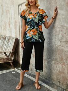 EMERY ROSE Ladies' Tropical Plant Printed Front Zipper Short-Sleeve Shirt And Trousers Set