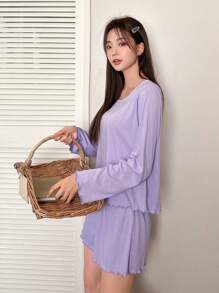 DAZY Bộ đồ ngủ đơn giản màu trơn có viền xếp nếp, đồ mặc nhà - Màu tím - Xem 6