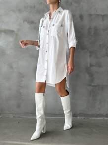 RueChic Solid Button Front Roll Up Sleeve Shirt - White - View 5