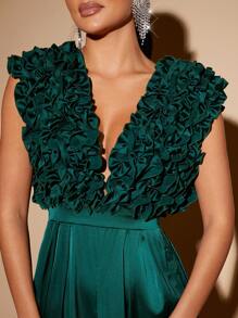 L'Amorae Plunging Neck Ruffle Wide Leg Jumpsuit - Green - View 7