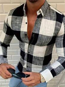Manfinity Homme Men's Plaid Printed Casual Graphic Colorful Long Sleeve Shirt, For Boyfriend Gift, Work, For Fall - Multicolor - View 1