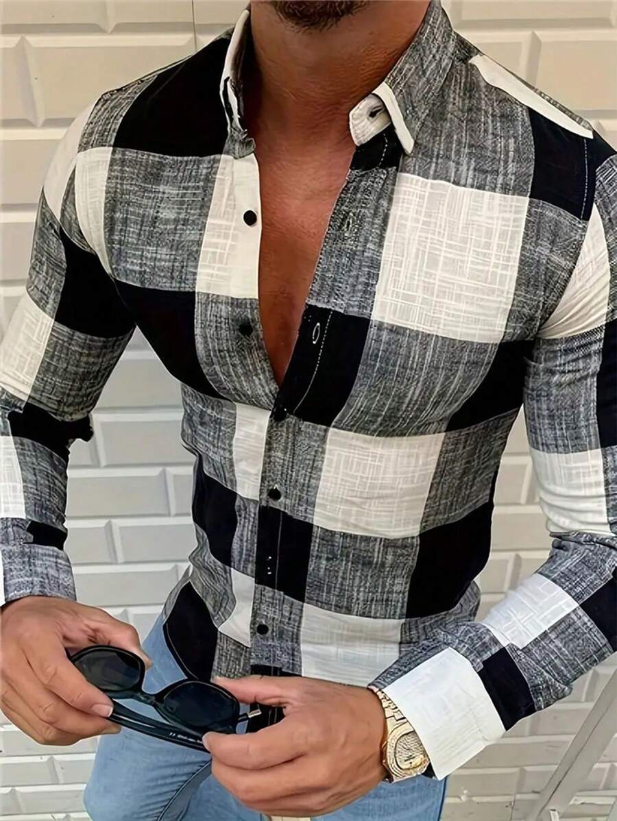 Manfinity Homme Men's Plaid Printed Casual Graphic Colorful Long Sleeve Shirt, For Boyfriend Gift, Work, For Fall - Multicolor - View 1