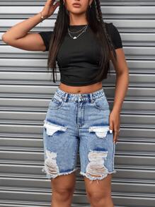 SHEIN ICON Women's Distressed Denim Shorts - Blue - View 4