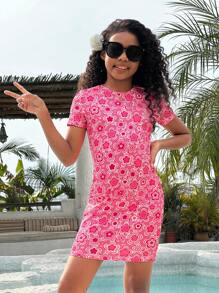 SHEIN Cô gái Tween Đúng mốt Điền kinh Đan Ngắn tay Đầm - Hồng - Xem 3