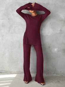 EURMUSE Solid Split Hem Tee & Flare Leg Pants - Red - View 5