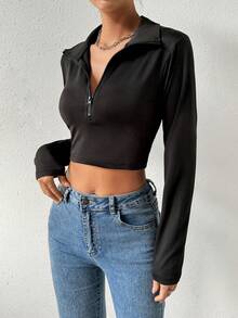 SHEIN Essnce 女士純色前拉鍊短款t恤 - 黑色 - 查看 3