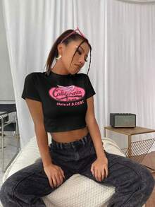 SHEIN Unity Của phụ nữ Retro In Top Cây trồng Ngắn tay Áo thun - màu đen - Xem 6