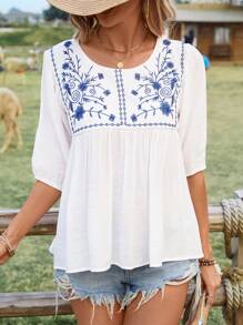 Breezaya Floral Embroidery Blouse Peplum Top For Vacation - White - View 6