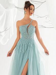 VIPGIRL Women's Sequin Decor Mesh Panel Split Maxi Evening Dress Elegant Formal Prom Wedding Guest Gown, For Graduation, Dinner Party Dress - 藍色 - 查看 5