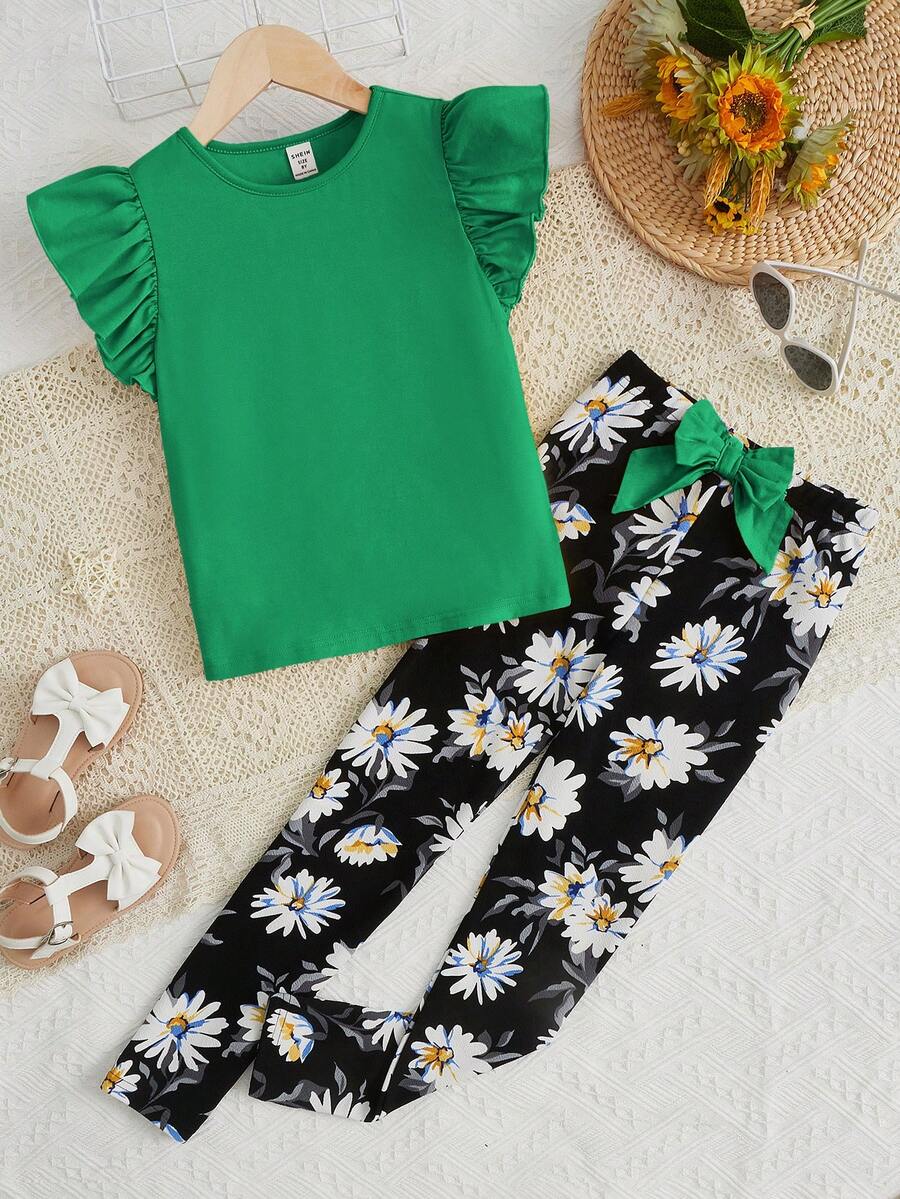 SHEIN 少女两件套针织纯色荷叶袖T恤和碎花长裤，休闲风格 - 綠色 - 查看 1