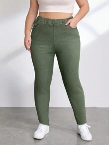 SHEIN EZwear 大尺碼修身休閒牛仔褲 - 軍綠色 - 查看 4