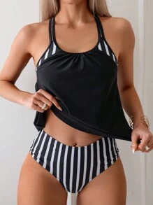 SHEIN Swim Women's Striped Tankini Swimwear With Double Shoulder Straps Summer - Black and White - View 1