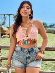 SHEIN Swim Curve 大码女式拼接流苏下摆露背罩衫 夏季 - 粉色 - 查看 6