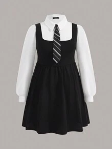 SHEIN MOD Plus Colourblock 2 In 1 Shirt Dress With Tie - Black and White - View 1