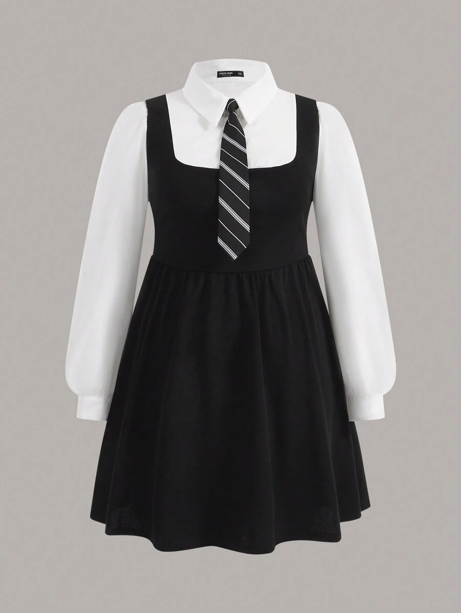 SHEIN MOD Plus Colourblock 2 In 1 Shirt Dress With Tie - Black and White - View 1
