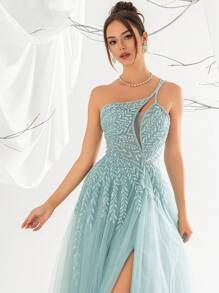 VIPGIRL Women's Sequin Decor Mesh Panel Split Maxi Evening Dress Elegant Formal Prom Wedding Guest Gown, For Graduation, Dinner Party Dress - 藍色 - 查看 3