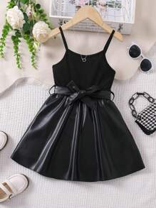 SHEIN Young Girl Pu Patchwork Spaghetti Strap Dress - Black - View 1