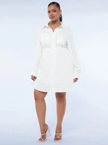 SHEIN SXY Plus Size Women's Loose A-Hem Beaded Shirt-Style Resort Dress