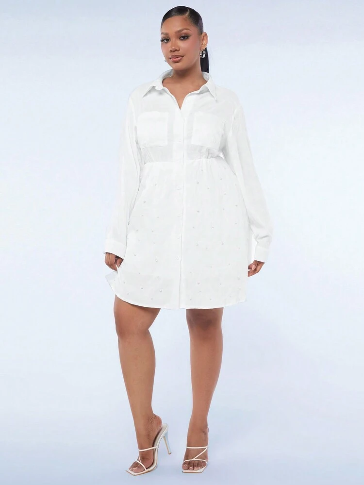 Plus Size Women's Loose A-Hem Beaded Shirt-Style Resort Dress