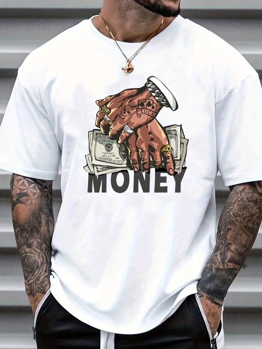 男士休闲手势和字母印花 T 恤，夏季 - 白色 - 查看 1