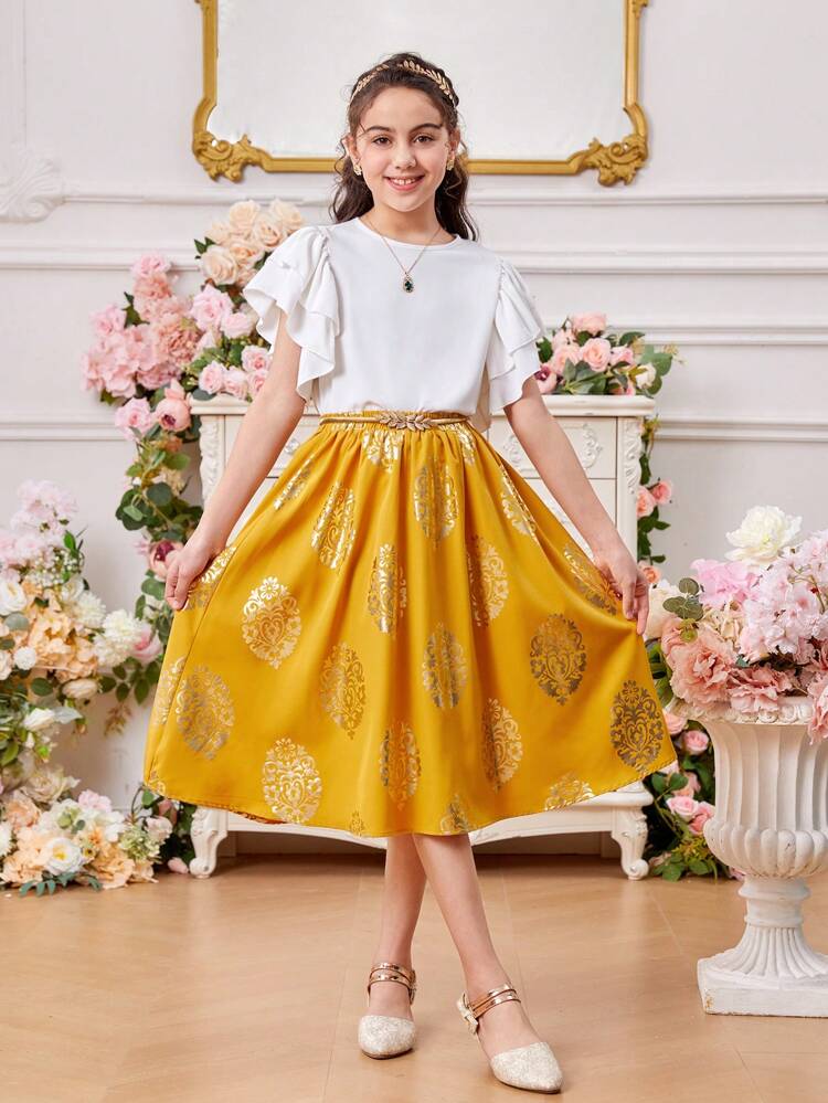 Tween Girl Round Neck Double Layer Ruffle Sleeve Top With Water Drop Shape At Back And Retro Patterned Skirt Set