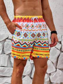 Surfspeed Men's Geometric Pattern Printed Beach Shorts - Orange - View 5