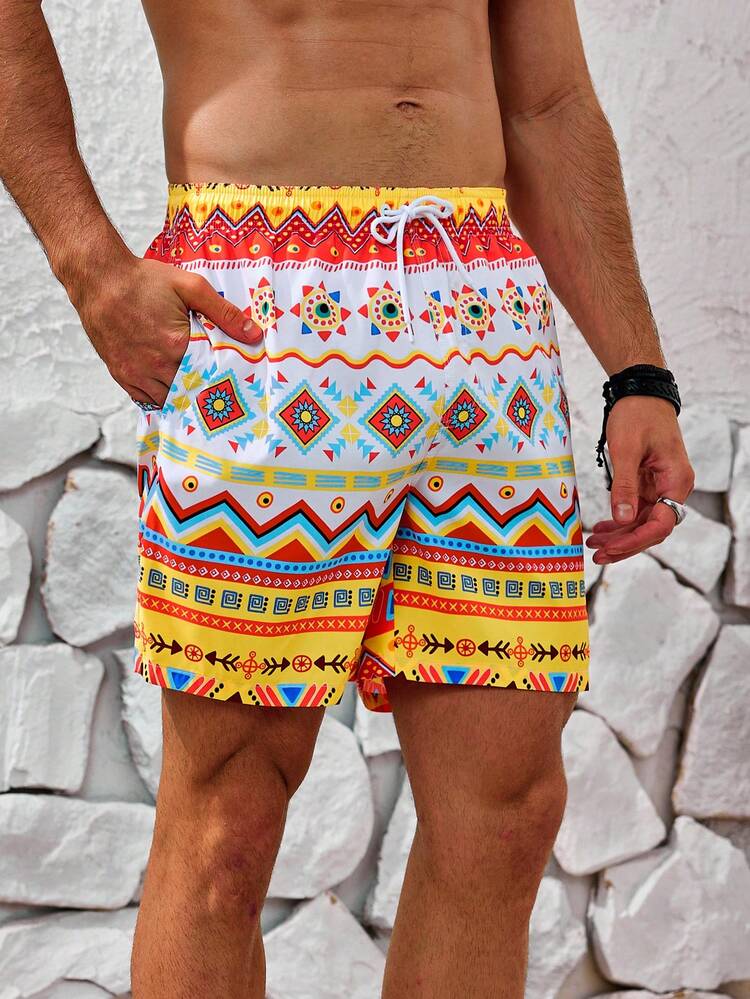 Men's Geometric Pattern Printed Beach Shorts