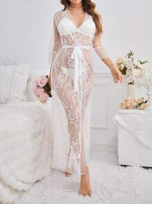 Women's Romantic Perspective Lace Robe - White - View 4