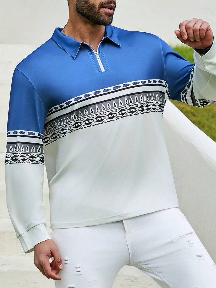 Men'S Plus Size Geometric Printed Half Zip Polo Shirt With Contrast Color Splicing