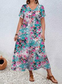 EMERY ROSE Plus Size Women's Summer Floral Printed Long Dress - Blue - View 3