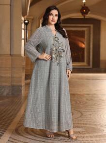 Al Najma 大码女式阿拉伯风格长款灯笼袖串珠拼接素雅连衣裙，卡夫坦