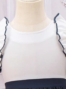 SHEIN Vestido Con Dobladillo Con Volantes Y Remiendos De Color Azul Y Blanco Para Niñas Jóvenes