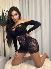 ChaseTheNight Plus Size Women's Sexy Lingerie Mesh Skirt With Round Neck