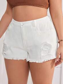 SHEIN EZwear 大尺碼破洞流行性感白色短褲 - 白色 - 查看 4