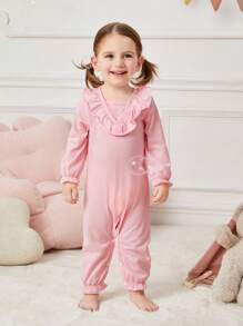 Baby Girl Ruffled Sleeve Romper With Hat, Home Wear - Pink - View 6