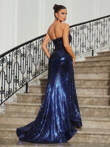 SHEIN Belle Women's Solid Color Shiny Strapless High Slit Evening Dress (Heavy Duty) - Blue - View 2