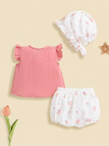SHEIN Pasgeboren Baby Meisjes Effen kleur Rucheszoom Tops , Bloemen Shorts En Pet 3 stuks