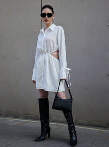 SHEIN Essnce Của phụ nữ Mùa hè Trắng Thời trang Đường phố Cổ áo sơ mi Eo Thắt Dệt Giải trí - trắng - Xem 5