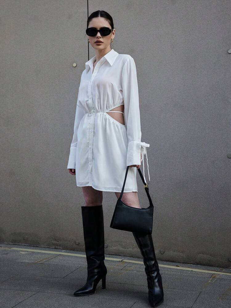 Women's Summer  White Street Fashion Shirt Collar Waist Revealing Sleeves Tied Woven Casual Dresses