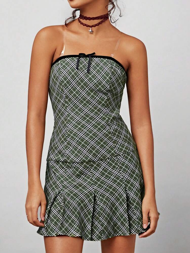 Women's Vintage Plaid College Style Pleated Strapless Dress With Flounce Hem
