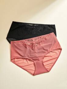 LUVLETTE Lingerie Mid-Rise Lace Mesh Brief Women Underwear Panties Set - Red - View 12