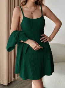 SHEIN Privé Women's Button Front Long Sleeve Jacket And Spaghetti Strap Dress Set - Dark Green - View 5