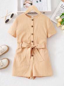 Tween Girl Woven Button Front Belted Casual Romper - Khaki - View 1