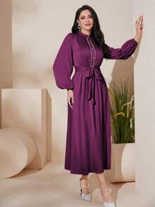 Modelyn 女士純色珍珠釦細節長袖中長款連衣裙 - 中紫紅色 - 查看 1