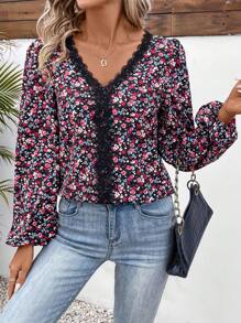 SHEIN Frenchy Của phụ nữ Hoa In Tay áo lồng đèn Tay áo dài Áo sơ mi - Màu xanh lam - Xem 4