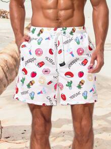 Manfinity Men's Swimming Trunks With Letter And Strawberry Print