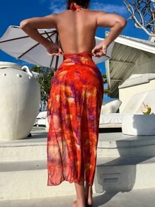 Swim Vcay Summer Women's Tie-Dye Halter Neck Hollow Out Detail Pleated Slit Fashion Cover-Up (Random Print) Valentine