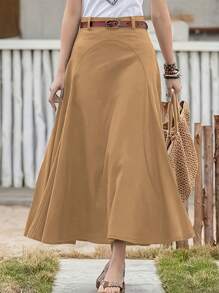 Flirla Plus Size Solid Color Umbrella Skirt With Flared Hem Maxi Women Outfit - Khaki - View 1